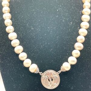 BJ 925 China Signed Genuine Pearl Sterling Silver Toggle Clasp Necklace